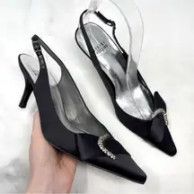 Stuart Weitzman Vintage Silk Satin Slingback Pointed Toe Pumps Heels Black 6.5