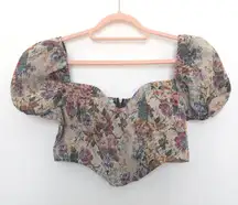 Womens Crop Top Size M Floral‎ Puff Sleeve Corset Cottagecore Tapestry Fairy
