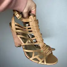 Women's Tan Leather Cage Wedge Sandals Size 9.5 Wood Heel Strappy