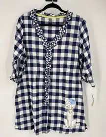 NWT Hue Blue Gingham Plaid Ruffle Neck Paris Poodle Pajama Shirt Dress‎ Medium