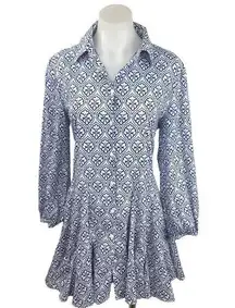 ZARA  Blue Ikat Floral Print Button Down Long Sleeve Swing Flowy Shirt Dress Sz M