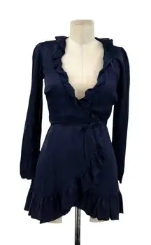 Aritzia Sunday Best Taro Wrap Dress Mini Ruffle Satin Navy Blue‎ Size 00