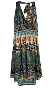 1950s 16/18 handmade silky printed halter dress