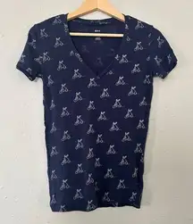 🦋BDG Urban Outfitters Blue V-Neck T-Shirt Bunny Bicycle Graphic Tee Small Casual