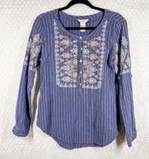 Sundance Blue Striped Aztec Embroidered Long Sleeve Top