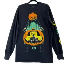 Halloween Black Graphic Sweatshirt Pumpkin Skeleton Haunted House Bats