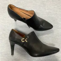 Calvin Klein Black Leather Pointed Toe Heeled Booties Ankle Boots