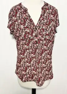 Soho New York & Company Women's‎ Floral Split V-neck 3-Button Blouse Red Medium