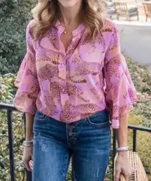 Cabi Minx Top Blouse Size Extra Large Pink Tiger Cheetah Statement Bell Sleeve