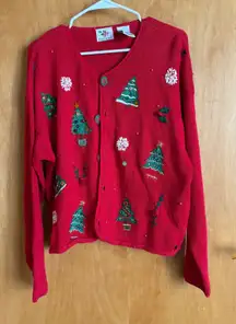 Nutcracker Red Christmas Tree Snowflake Beaded Ugly Sweater Cardigan Women's L