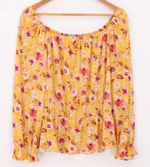 CeCe Yellow Floral Bardot Off Shoulder Peplum Top Boho Balloon Sleeve Size L