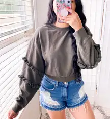 Olive Green Ruffled Sleeve Crop Sweatshirt