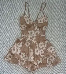 Dillards Women Tan White Lace Floral Flounce Tiered Mini Romper Wrap Dress Sz Xs