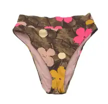 Aerie Womens High Cut Cheeky Swim Bottoms Floral Print Ribbed Brown Pink XL