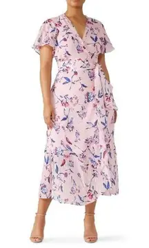Tanya Taylor Blaire Pink Floral Silk Ruffle MIDI Dress Faux Wrap Flowers