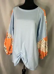 Misslook Quilt Print 3/4 Sleeve Top Shirt Carolina Blue Cotton Round Neck XL EUC