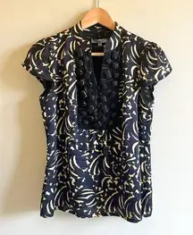 Classiques Entier 100% Silk Blouse Top Button Up Black Yellow Cap Sleeve Size S‎