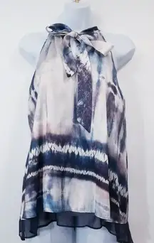 lola & sophie New York Printed Satin Pussybow Blouse Sleeveless Made in USA