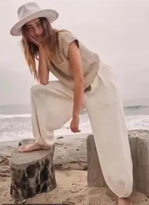 Free People Beach Freya Pants Ivory Barrel Balloon Leg Linen Blend Knit Coastal