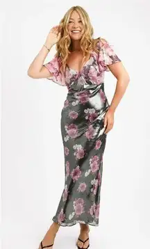 ASOS DESIGN Flutter Sleeve Tie Back Midi Tea Dress In Mixed Metallic Floral Sz 8