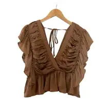 Entro V Neck Satin Ruched Top Size Medium Taupe