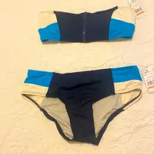 NWT DKNY Swimsuit Bikini Bandeau center Zipper in blue, white , teal