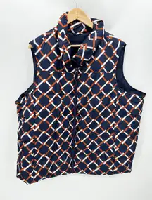 Land's End Blue Brown White Geo Check Sleeveless Full Zip Down Puffer Vest 3X