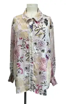 Cynthia Rowley Plus 2X Floral Button Shirt Cottagecore Lace Trim Blouse Top