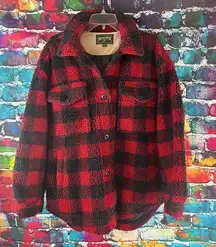 American Eagle Womens Sherpa Red Buffalo Plaid Oversized Shacket Size Large