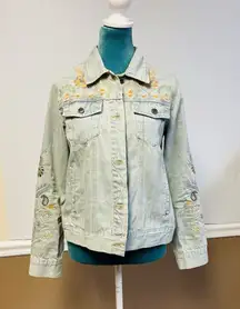Johnny Was Workshop Floral-Embroidered Denim Jacket, Size XS Light Wash