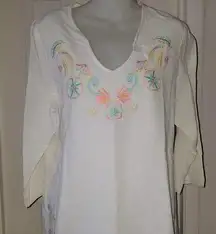 DENIM& Co. White Floral Embroidered 3/4 Sleeve Blouse Size Large