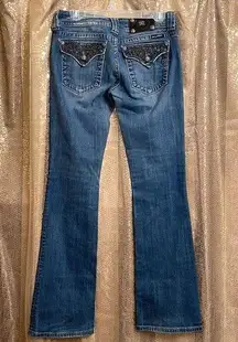 Miss Me  boot cut rhinestone chain pocket jeans, size 28 EUC