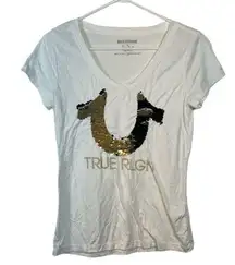 True Religion White Sequin Logo Short Sleeve Shirt Size Small EUC #6772
