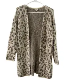 123 Story by Line Up Fuzzy Soft Open Front Animal Print Sweater Cardigan S Small