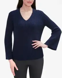 MM Lafleur • The Min Cashmere Merino Wool Rib V Neck Sweater navy bell sleeve