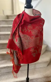 Pashmina Silk Cashmere Red Blue Metallic Gold Peacock Wrap Scarf
