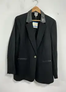 Womans Ann Klein 1 Button Long Sleeve Blazer Black XL Faux Leather Collar NWT