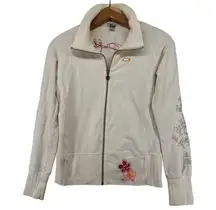 Oakley Womens Jacket Sz S Beige Knit Full-Zip Floral Pop-Up Collar Boho Beachy