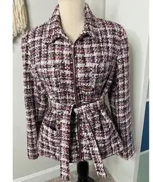 Vintage Ladies Chunky Knit Tweed Wool Maroon Overcoat Belted Blazer Jacket 12