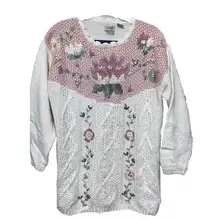 Vintage Floral Hand Knitted Sweater Classic Elements Grandma Cottagecore sz M