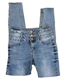 Refuge Medium Wash High Waisted Zip‎ Three Button Fly Distressed Leg size 6