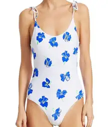 White Ginny Blue Floral Tie Strap Open Back One Piece Swimsuit Small S