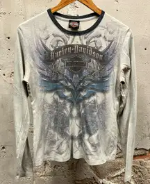 Harley Davidson Womens Y2K Grunge Rhinestone Fitted Long Sleeve T-Shirt XL