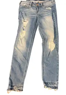 Hollister Distressed Crop Skinny Jeans Lace Fabric at Holes Leather Patch Sz 5