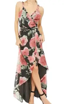 Luxxel Floral Braided Strap Slit Wrap Maxi Dress Black Pink Small Boho High Low