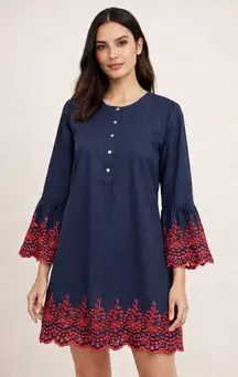 J Crew Dress Women Medium Navy Red Embroidered Eyelet Bell Sleeve Mini Preppy