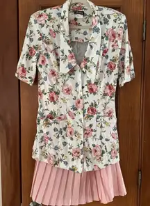 Vintage Jenny 2 Piece Pleated Skirt Set Women's 12 Pink Floral USA Shoulder Pads