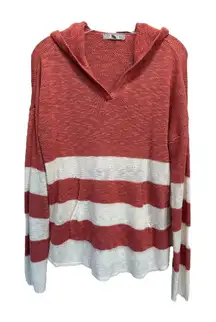 Marled Mauve/Cream Striped Knit Sweater Hood Long Sleeve Size Large Pocket‎
