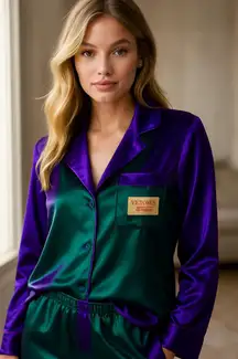 Women's Victoria's Secret Satin Pajama Set Green/Purple Size S