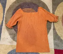 Square Neck Short Sleeve Sweater Top Ribbed Ruffle Sleeve Burnt Orange XS
